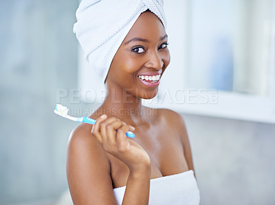 Buy stock photo Health, portrait and black woman with toothbrush in bathroom for fresh breath routine. Happy, oral care and African person cleaning teeth for cavity, plaque and gum disease prevention at home.