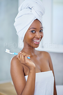 Buy stock photo Hygiene, portrait and black woman with toothbrush in bathroom for fresh breath routine. Happy, oral care and African person cleaning teeth for cavity, plaque and gum disease prevention at home.