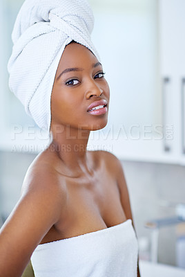 Buy stock photo Shower, towel and portrait of black woman in bathroom for beauty, cosmetics and diy spa treatment. Self care, dermatology and morning glow with person at home for relax, pamper and skincare facial