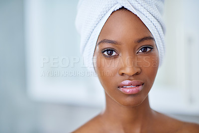 Buy stock photo Beauty, relax and portrait of black woman in bathroom for shower, cosmetics and diy skincare treatment. Glow, dermatology and morning with person at home for self care, pamper and shine facial