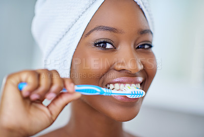 Buy stock photo Black woman, portrait and brushing teeth in home, bathroom and mouth in morning for results. Girl, African person and smile with toothbrush with oral wellness, routine and dental cleaning in Kenya