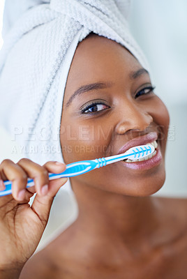 Buy stock photo Black woman, portrait and brushing teeth in morning, home and mouth in bathroom for benefits. Girl, African person and smile with toothbrush with oral wellness, routine and dental cleaning in Nigeria