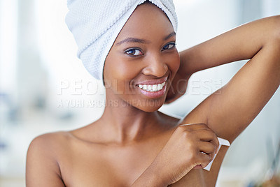 Buy stock photo Beauty, portrait and black woman waxing armpit in bathroom with smile, skincare and grooming. Morning routine, cosmetics and girl in home with underarm hair removal, towel and smooth skin in Nigeria