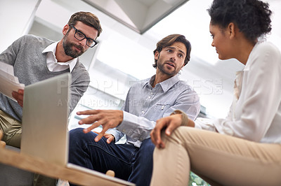 Buy stock photo Business people, serious or meeting by laptop in office, networking or collaboration on website project. Web designer, discussion or diversity for creativity on internet, below or technology on table