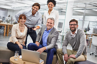 Buy stock photo Businesspeople, portrait and laptop for collaboration in office at creative agency for project planning, campaign or proposal. Men, women and smile or together for web teamwork, internet or meeting