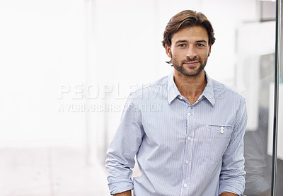 Buy stock photo Businessman, portrait and happy by glass background as professional, reflection and positive in career in office. Designer, face or smile for creativity in web development or commitment in workplace