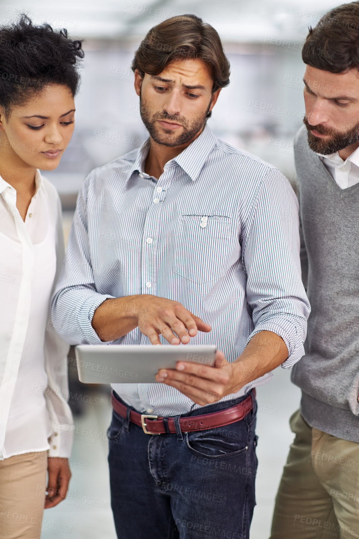 Buy stock photo Businessman, tablet and coaching staff in meeting for research, data or planning in teamwork at office. Man talking to employees with technology for discussion, project or networking at workplace