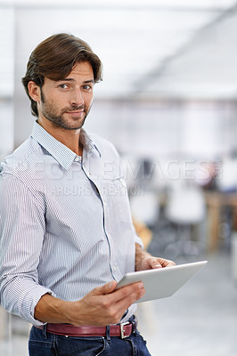 Buy stock photo Corporate, tablet and portrait of business man online for internet, networking and connection. Office, professional and confident person on digital technology for planning, research or website review