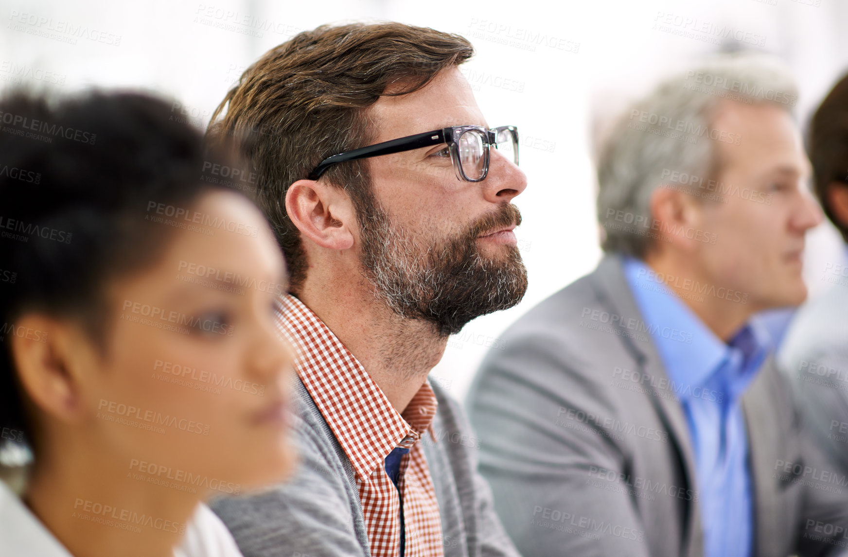 Buy stock photo Conference, group and business people in row as meeting or professional audience  for corporate decision. Human resources, diversity and problem solving in convention, choice and listening in seminar