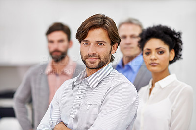 Buy stock photo Happy, confident or businessman in portrait with arms crossed or commitment at work. Accounting, company or smile face for teamwork for support, solidarity or together with career pride in workplace