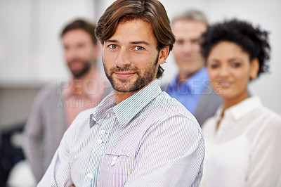 Buy stock photo Smile, office and businessman in portrait with confidence and commitment at work. Accounting, company and happy face for teamwork for support, solidarity and together with career pride in workplace
