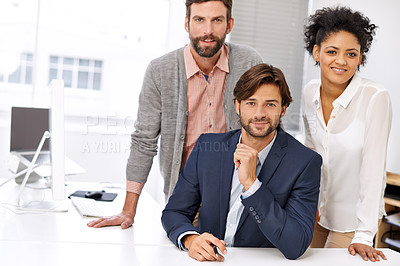 Buy stock photo Team, diversity and business people in portrait with mission, friendly and commitment at work. Human resources, staff and happy face for collaboration for support and solidarity in office by table