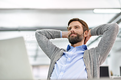 Buy stock photo Happy, rest and business man in office thinking, daydreaming and relax on break at desk. Hands on head, corporate worker and person with computer done for project, working and finish in workplace