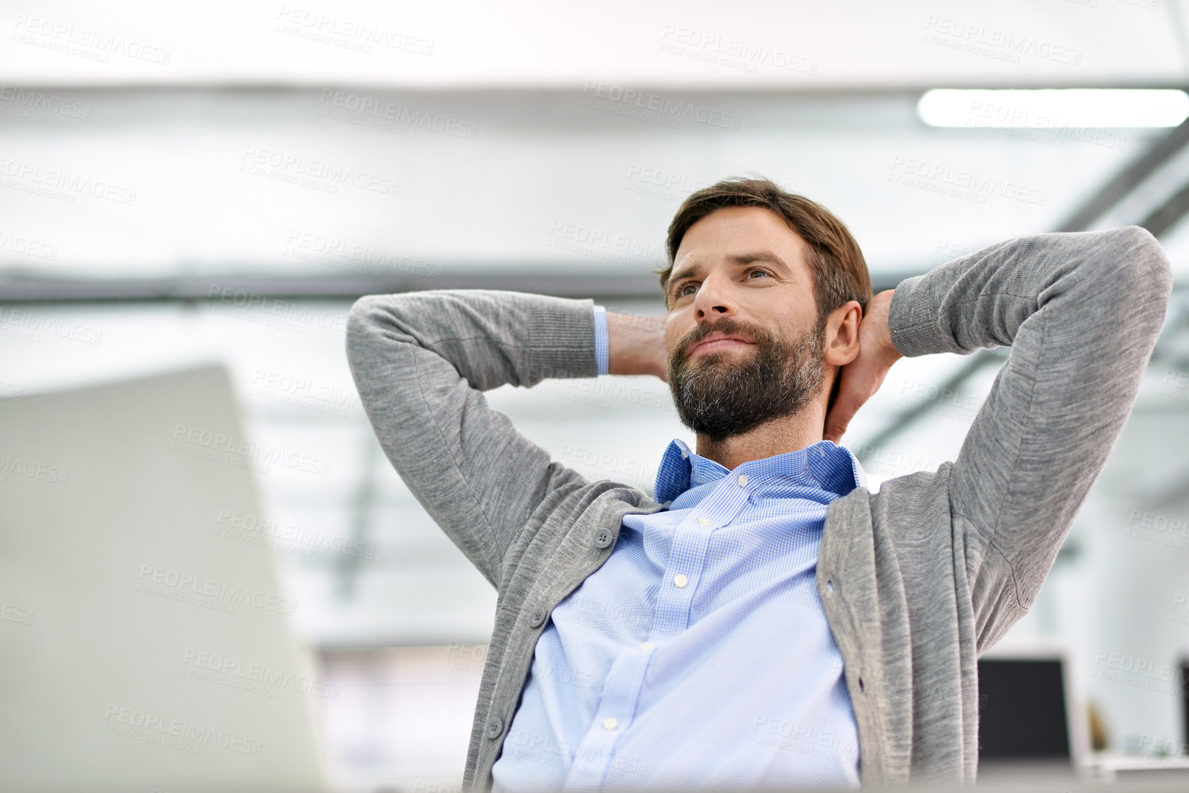 Buy stock photo Happy, rest and business man in office thinking, daydreaming and relax on break at desk. Hands on head, corporate worker and person with computer done for project, working and finish in workplace