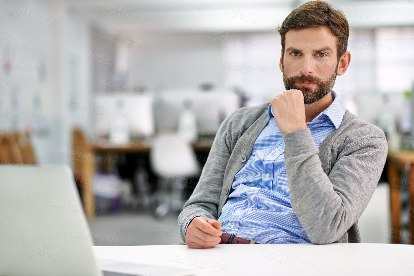 Buy stock photo Businessman, confident and portrait by desk for professional worker, friendly and commitment at work. Human resources consultant, face or pride in career in office, ambitious or serious in workplace