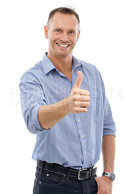 Buy stock photo Man, studio and thumbs up portrait with hand for support, yes or like emoji isolated on a white background. Happy model person with sign or icon for thank you, vote or review for winning motivation