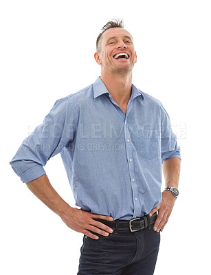 Buy stock photo Laughing, portrait and business man in studio isolated on white background with success mindset. Ceo, boss and confident, proud and happy mature male entrepreneur from Canada, laugh at joke or comedy