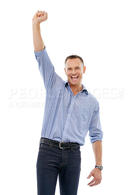 Buy stock photo Portrait, winner and celebration of business man in studio isolated on a white background. Winning, achievement and happy mature male celebrating goals, company targets or victory, triumph or success