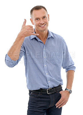 Buy stock photo Portrait, call me hands and business man in studio isolated on a white background. Boss, ceo and happy male entrepreneur with cool hand gesture for shaka sign, symbol or emoji for communication.