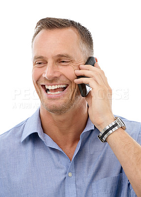 Buy stock photo Phone call, contact and networking with a mature man in studio isolated on a white background. Mobile, talking and conversation with a handsome male on blank space for communication or chatting