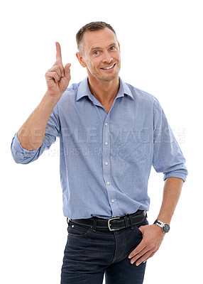 Buy stock photo Question, hand and portrait of a man pointing for communication isolated on a white background. Happy, curious and businessman with a gesture for a vote, answer or volunteering on a backdrop
