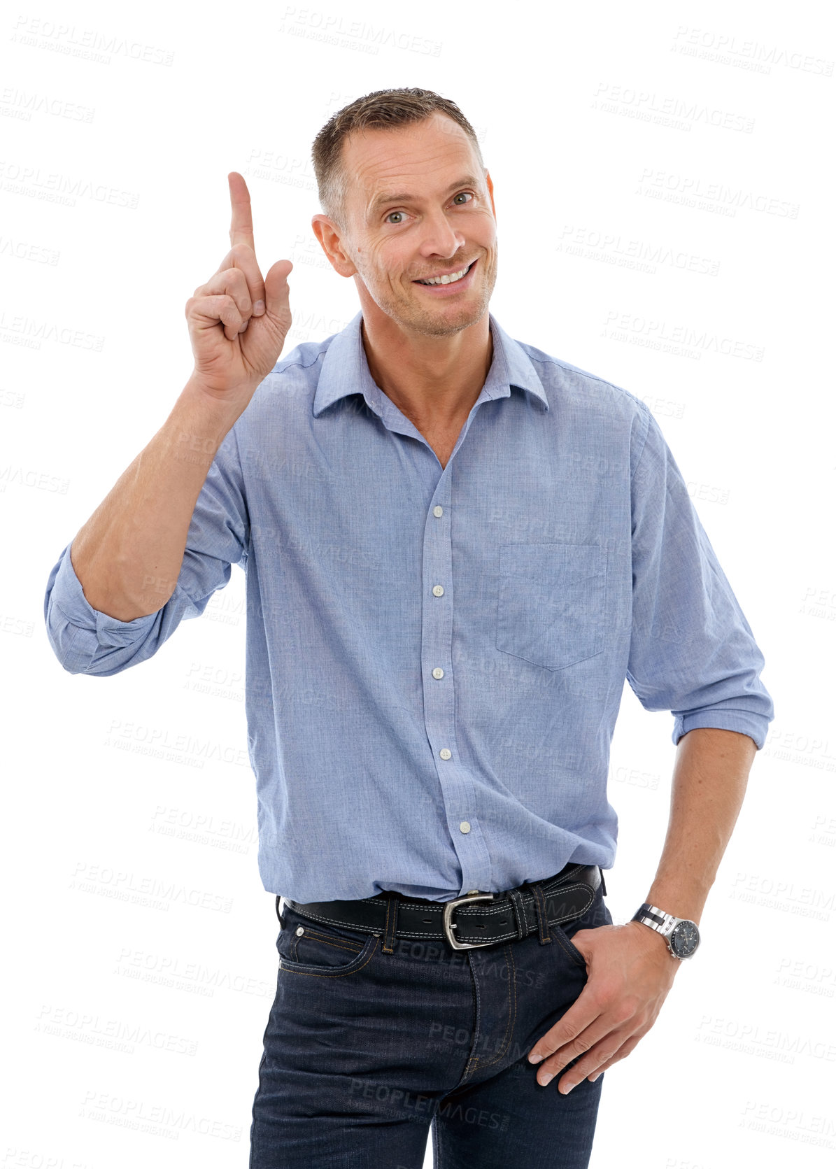 Buy stock photo Question, hand and portrait of a man pointing for communication isolated on a white background. Happy, curious and businessman with a gesture for a vote, answer or volunteering on a backdrop