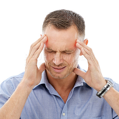 Buy stock photo Stress, headache and business man in studio with migraine isolated on a white background. Mental health, burnout and face of mature male entrepreneur with anxiety, pain or head ache and depression.