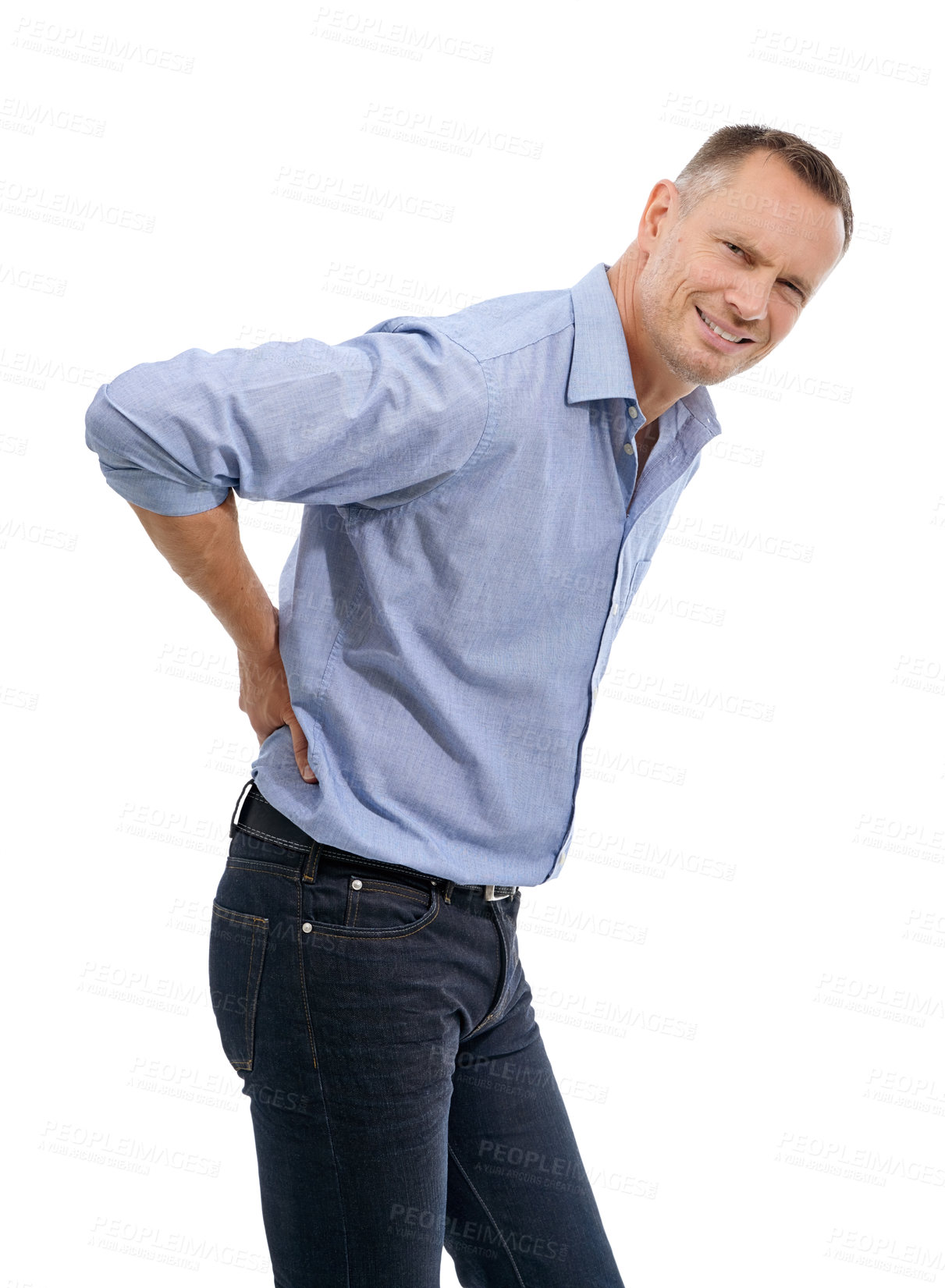 Buy stock photo Portrait, business man and back pain in studio isolated on a white background. Burnout, fatigue stress and mature male entrepreneur with fibromyalgia, arthritis or painful spine injury after accident