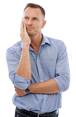 Buy stock photo Thinking, idea and pensive man in a studio daydreaming, wondering and being thoughtful. Contemplating, mature and handsome male model posing with a question while isolated by a white background.
