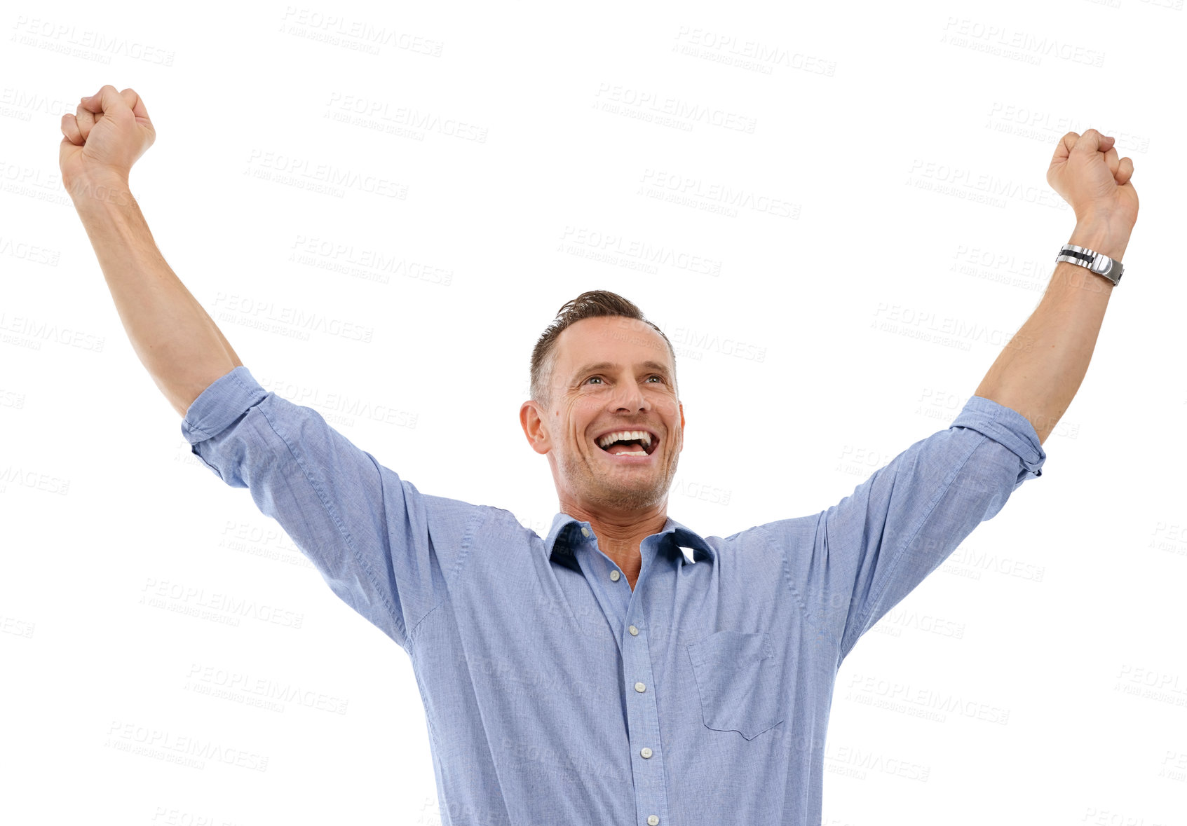 Buy stock photo Yes, winner and man isolated on a white background for winning, success and bonus arms or fist pump. Celebration, freedom and happy person or model for sales, profit or achievement on studio mockup