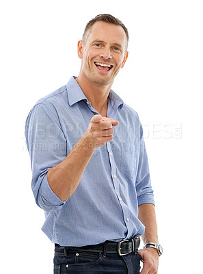 Buy stock photo Comic, confident and portrait of a man pointing for comedy isolated on a white background. Happy, pride and mature handsome guy with hand gesture for greeting and giving motivation on a backdrop