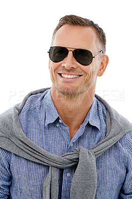 Buy stock photo Handsome, cool and portrait of a man with sunglasses isolated on a white background in studio. Happy, confident and relaxed mature guy with confidence, style and shades for summer on a backdrop