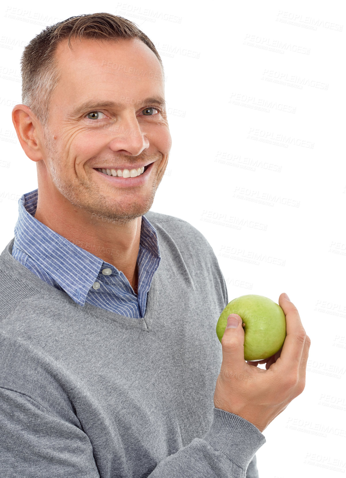 Buy stock photo Man, happy portrait and apple fruit for health, diet and wellness isolated on a white background. Model person with nutrition vegan food for a healthy lifestyle, motivation and clean eating in studio