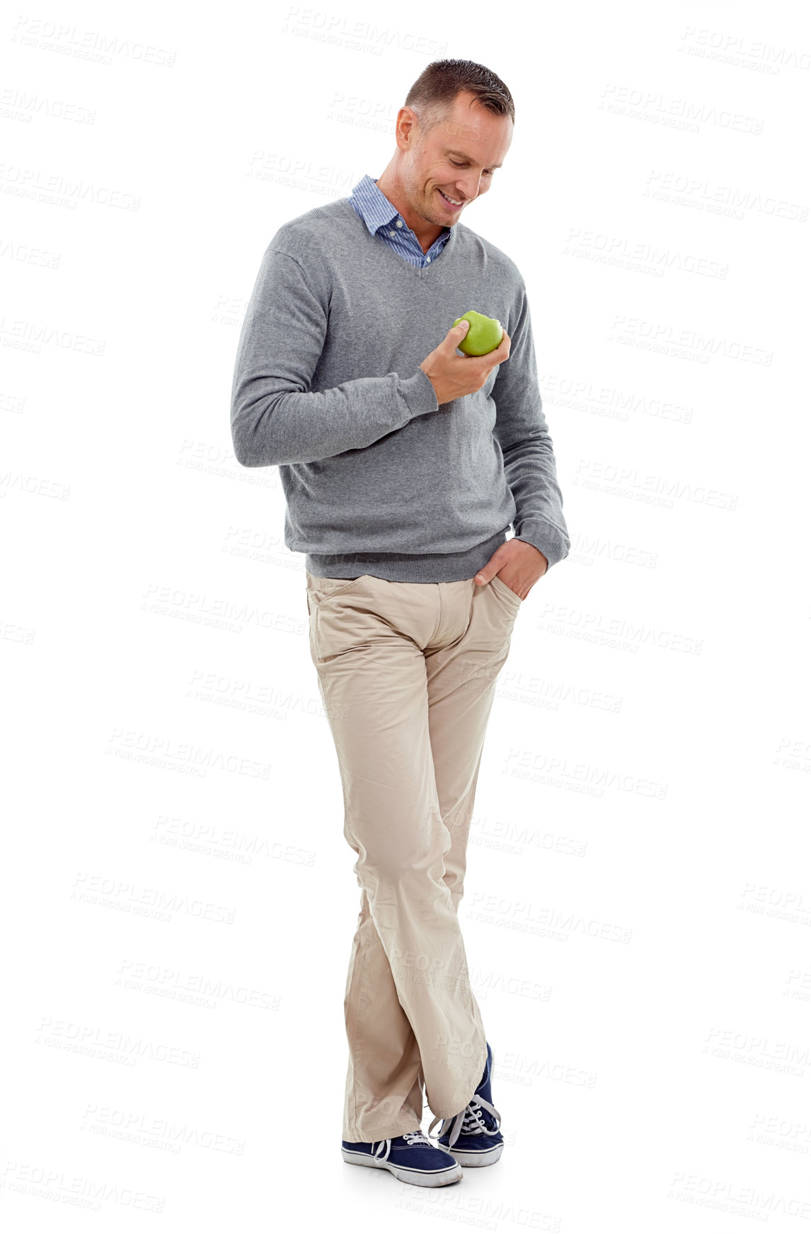 Buy stock photo Man, apple fruit and healthy eating for health, diet and wellness isolated on a white background. Model person with vegan nutriot food for a green lifestyle, motivation and clean eating with space