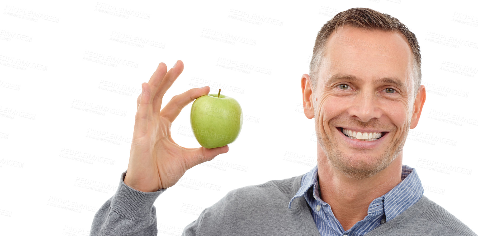 Buy stock photo Man, happy portrait and apple in hand for health, diet and wellness isolated on a white background. Model person with vegan nutrition apple food for a healthy lifestyle, motivation and clean eating