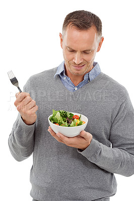 Buy stock photo Man with salad, frown on face and vegetable, problem with healthy lifestyle and diet isolated on white background. Health, wellness and male with doubt about food choice, nutrition in studio