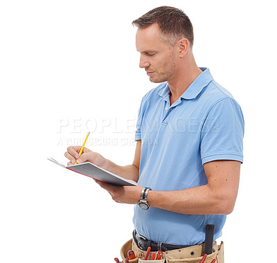 Buy stock photo Handyman, contractor or man writing isolated on a white background with notebook, invoice and carpenter tools. Professional construction worker, model or person notes for career services in a studio