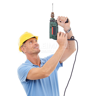 Buy stock photo Drill, construction tools and man with ppe helmet for engineering, maintenance and building. Manual labor, repair service and contractor, builder and handyman with electric gear on white background