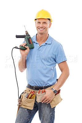 Buy stock photo Drill, construction tools and portrait of man with smile in engineering, maintenance and building. Manual labor, repair service and contractor, builder and handyman with gear belt on white background