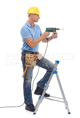 Buy stock photo Happy, handyman and repairman in studio with a drill, tool belt and ladder for maintenance. Happy, smile and professional male industry worker with tools for repairs isolated by white background.