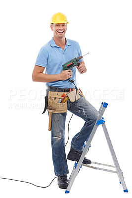 Buy stock photo Portrait, construction and a DIY man in studio isolated on a white background with a ladder and drill. Building, design and industry with a male handyman using an electric tool for renovation