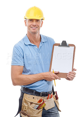 Buy stock photo Sign up, contract and construction worker with a clipboard for a deal and asking for information and details. Portrait of handyman, employee or builder with a survey isolated in white studio