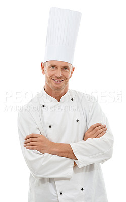 Buy stock photo Leadership, confidence and portrait of chef with smile, cafe owner and small business in restaurant industry. Isolated on white background, happy executive cook in uniform and arms crossed in studio.