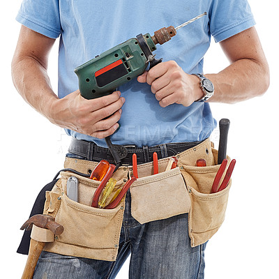 Buy stock photo Drill, construction and hands of man with tools belt for engineering, maintenance and building on white background. Manual labor, technician service and contractor, builder and handyman with gear bag