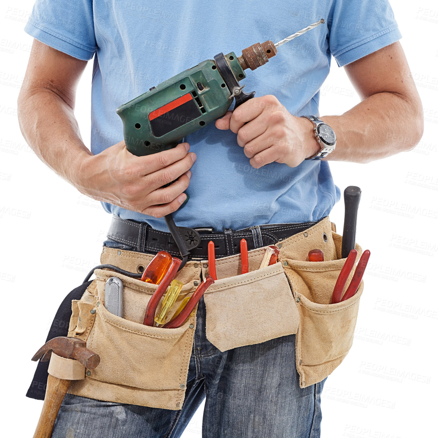 Buy stock photo Drill, construction and hands of man with tools belt for engineering, maintenance and building on white background. Manual labor, technician service and contractor, builder and handyman with gear bag