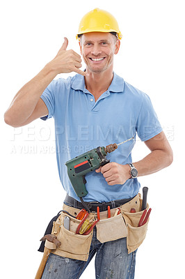 Buy stock photo Call gesture, portrait man and construction worker, handyman or contractor with drill, tools or industry equipment. Safety PPE, emoji contact sign or happy studio builder isolated on white background