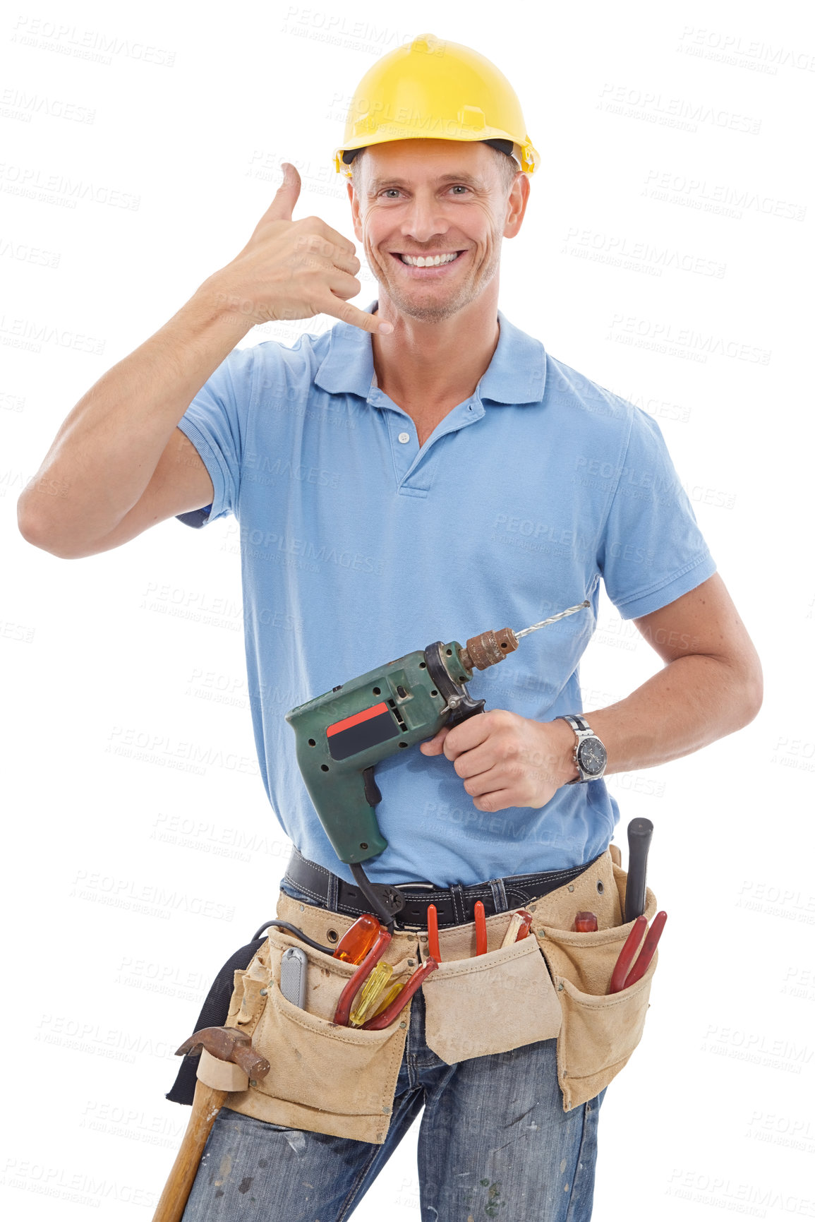 Buy stock photo Call gesture, portrait man and construction worker, handyman or contractor with drill, tools or industry equipment. Safety PPE, emoji contact sign or happy studio builder isolated on white background