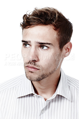 Buy stock photo Thinking, business man and idea for work choice, option and planning to decide on future in studio. Worried, problem and uncertainty of career or company change with anxiety and white background