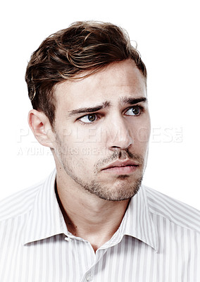 Buy stock photo Thinking, business man and stress for work choice, option and planning to decide on future in studio. Worried, problem and uncertainty of career or company change with anxiety and white background