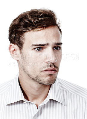 Buy stock photo Man, thinking and serious face, confused and emotion isolated on white studio background. Person, model and guy with memory loss, sad and depression with facial expression, choice and confusion